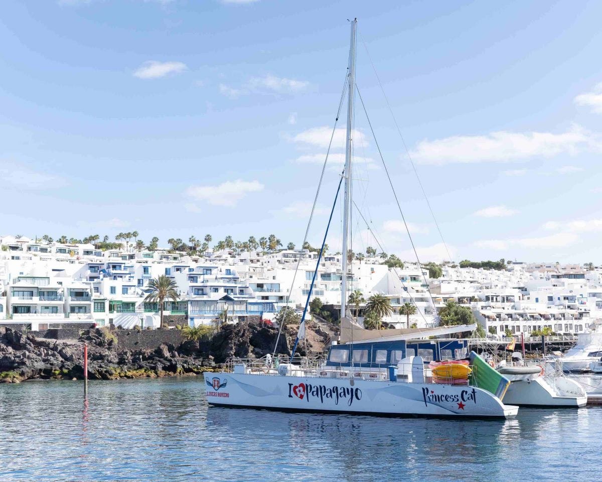 Catamaran with coastal white houses