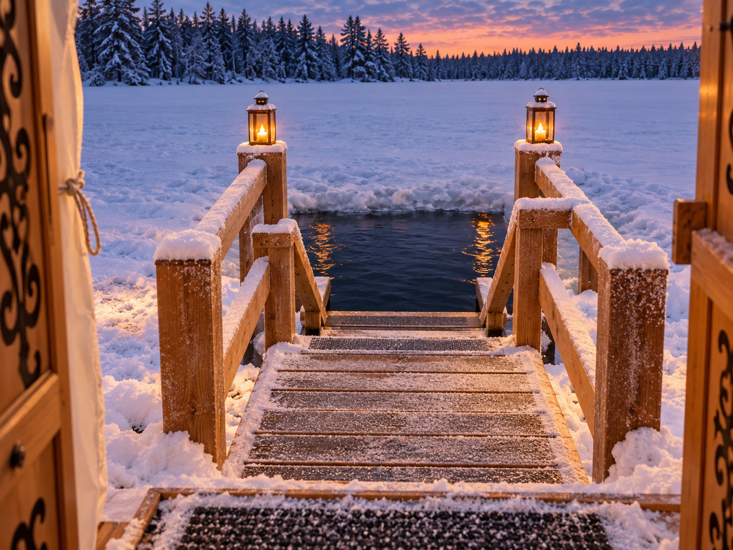 Snow-covered wooden steps with handrails leading from the yurt sauna into an ice-swimming hole in a frozen lake.