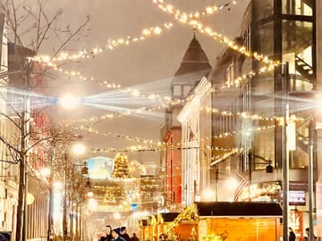 The festively lit streets of downtown Reykjavik in the winter