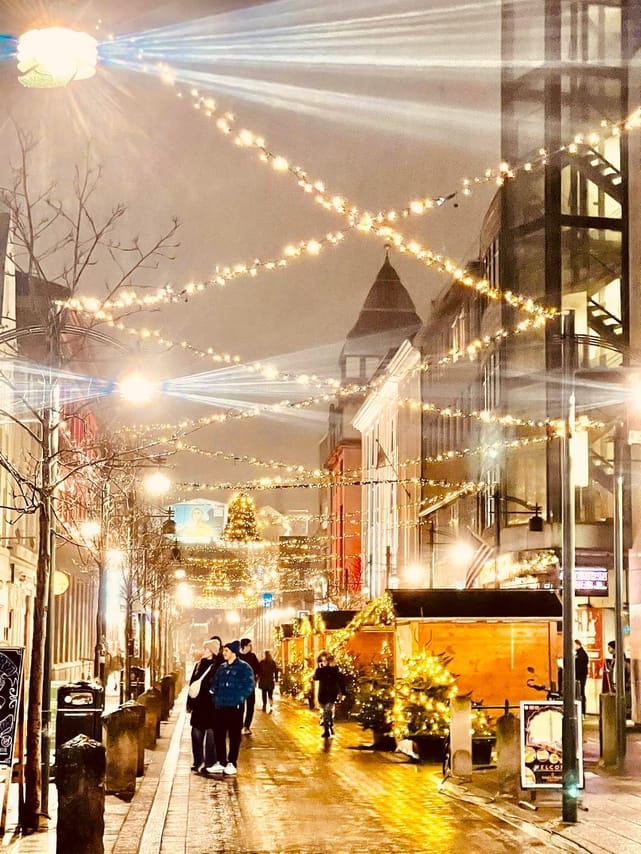 The festively lit streets of downtown Reykjavik in the winter