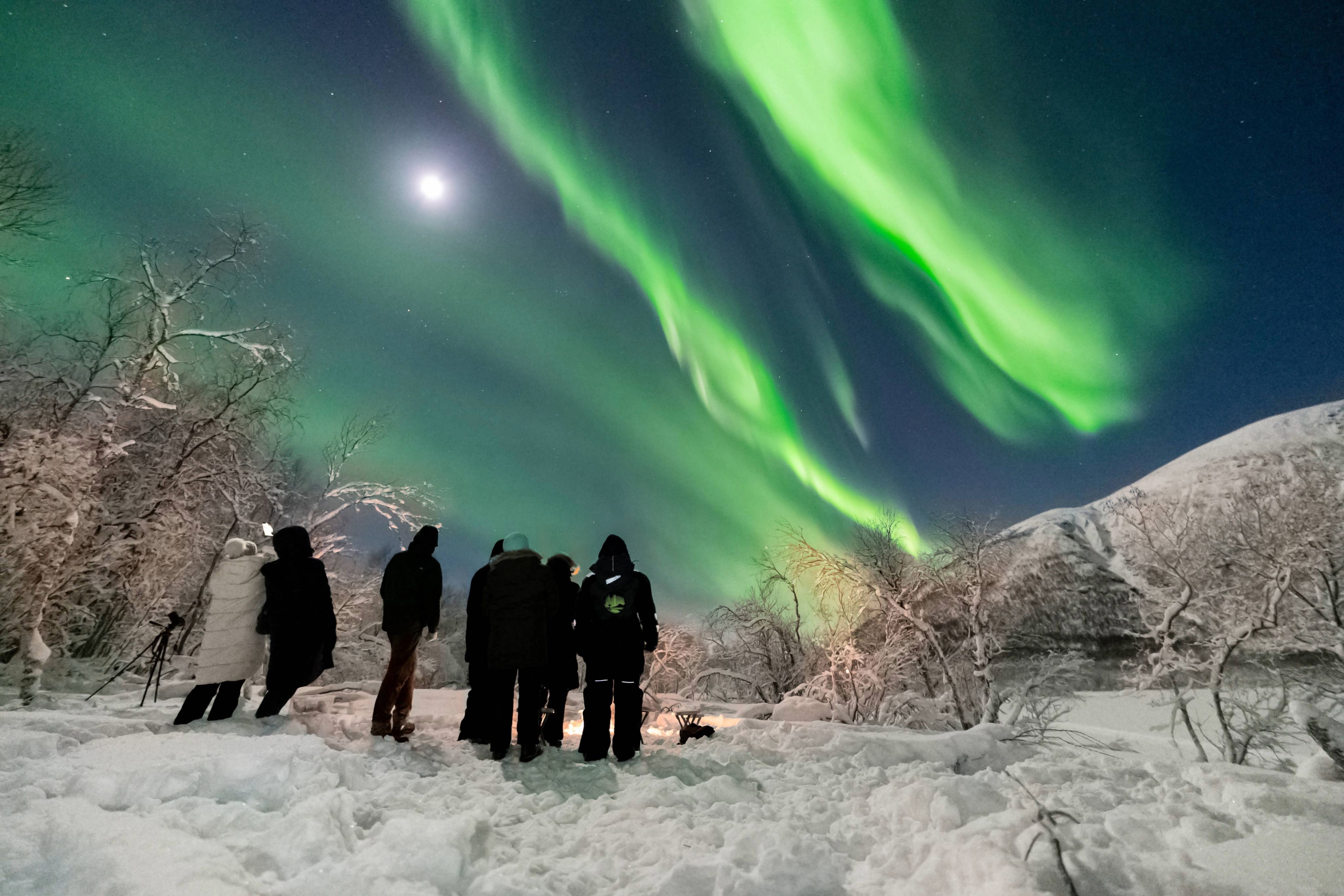 Small group of travelers standing in a snow-covered valley watching green Northern Lights under a bright moon during a Tromsø fjordland tour