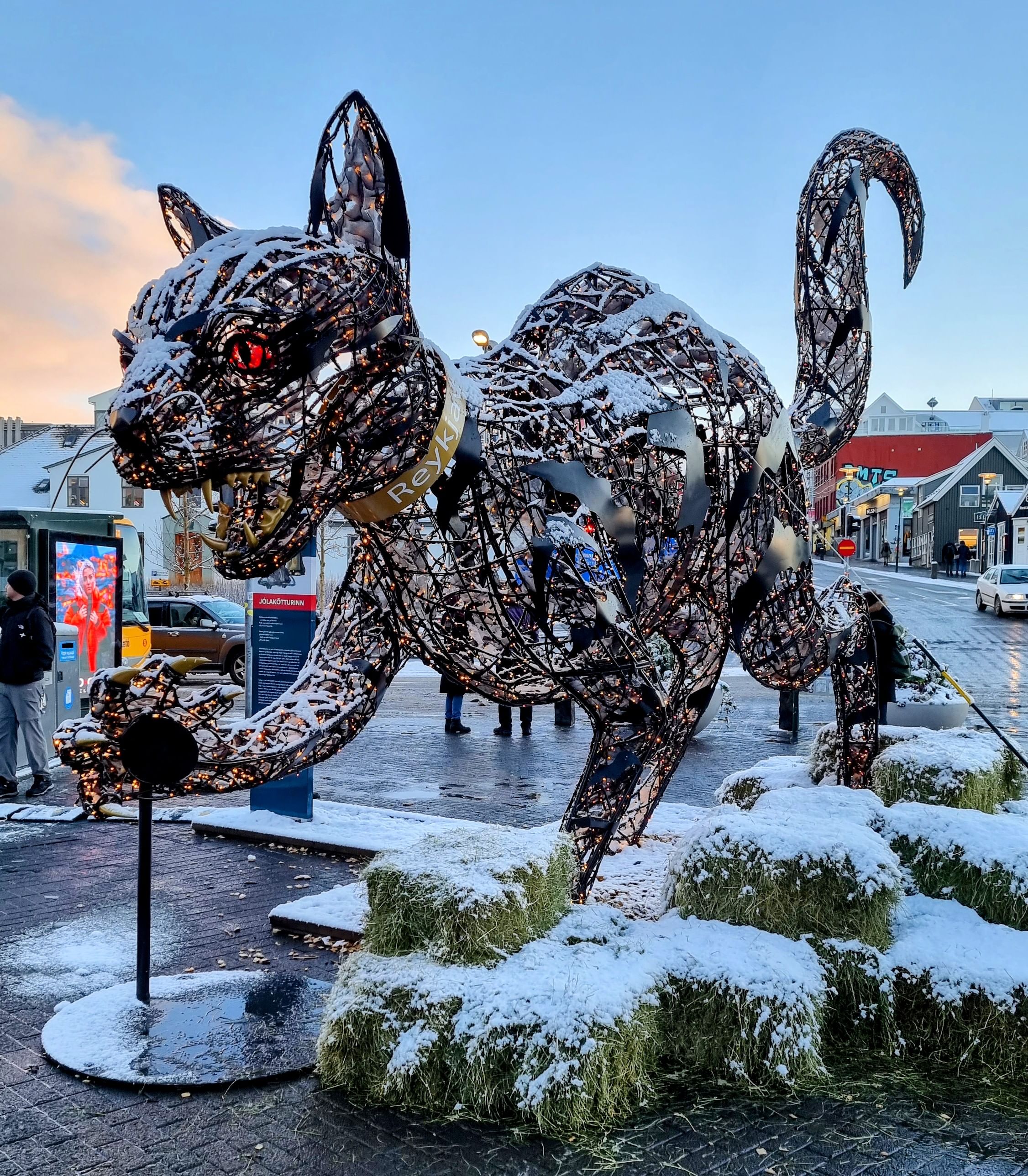 The Christmas Cat is in downtown Reykjavik in December