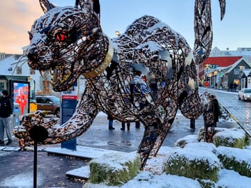 The Christmas Cat is in downtown Reykjavik in December