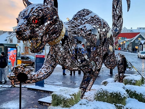 The Christmas Cat is in downtown Reykjavik in December