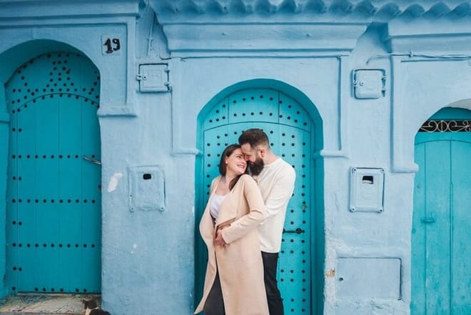 Celebrate your journey together with a couple's photography session in Chefchaouen, blending vibrant blues and timeless romance.