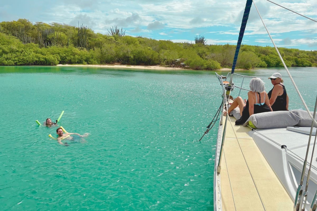 Sailing yacht Galaxie anchored at beautiful Fuik Bay in Curacao