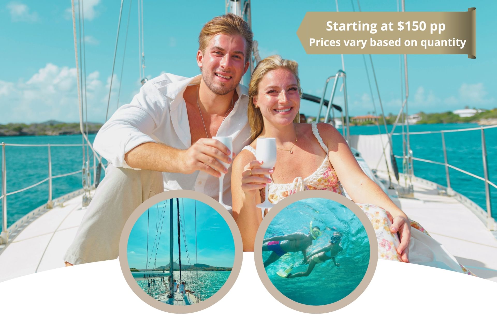 Happy couple celebrating private day tour on sailing yacht with Maxie Sailing Curacao