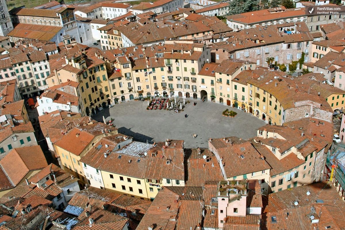 Aerial view of Anfiteatro Square in Lucca, once a roman forum