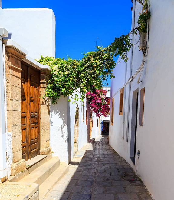 Quiet street in Lindos, Rhodes, Greece