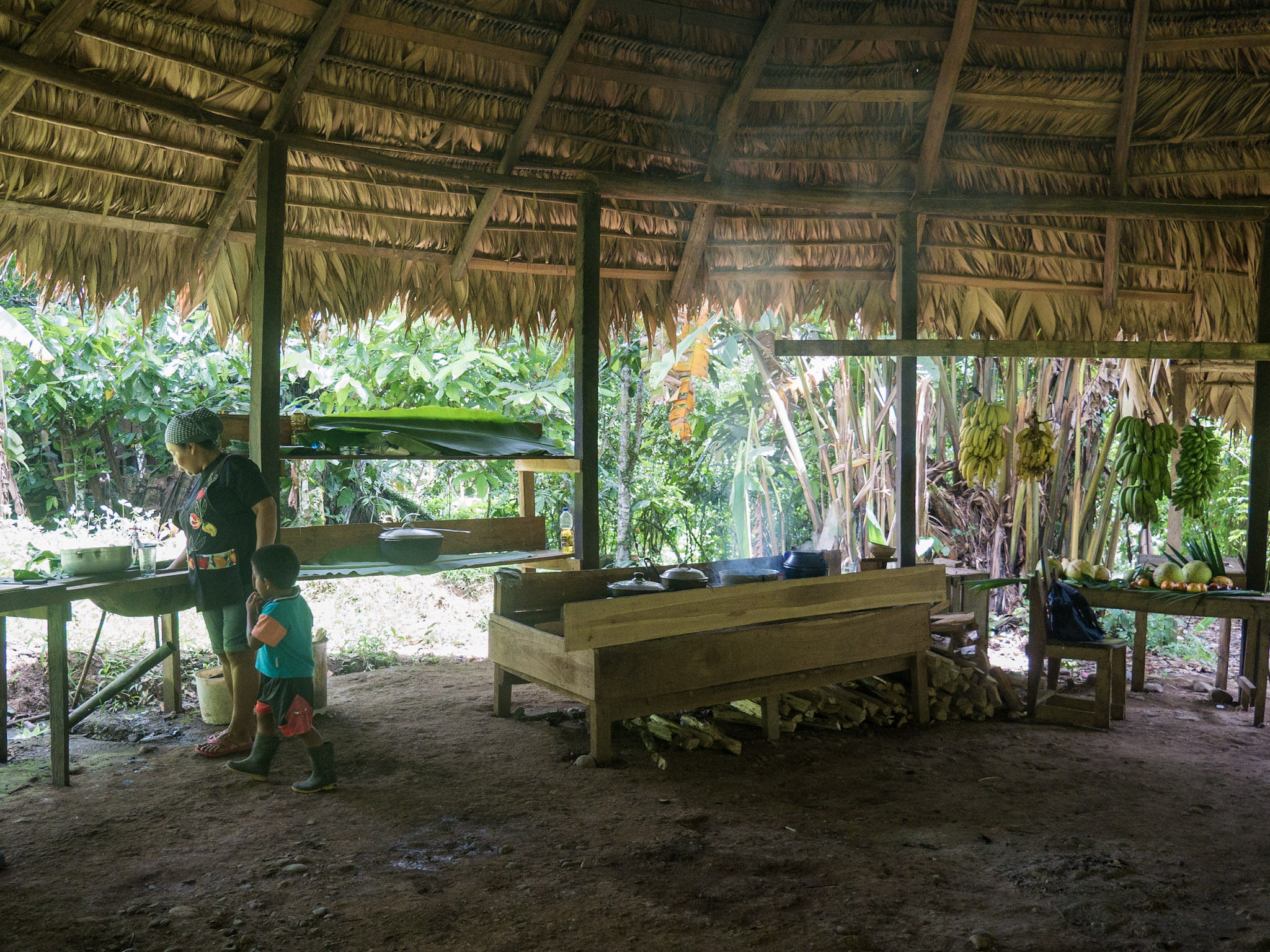 Traditional open-air Bribri kitchen in Yorkín, Costa Rica, with a woman and child preparing food surrounded by tropical plants and local pro