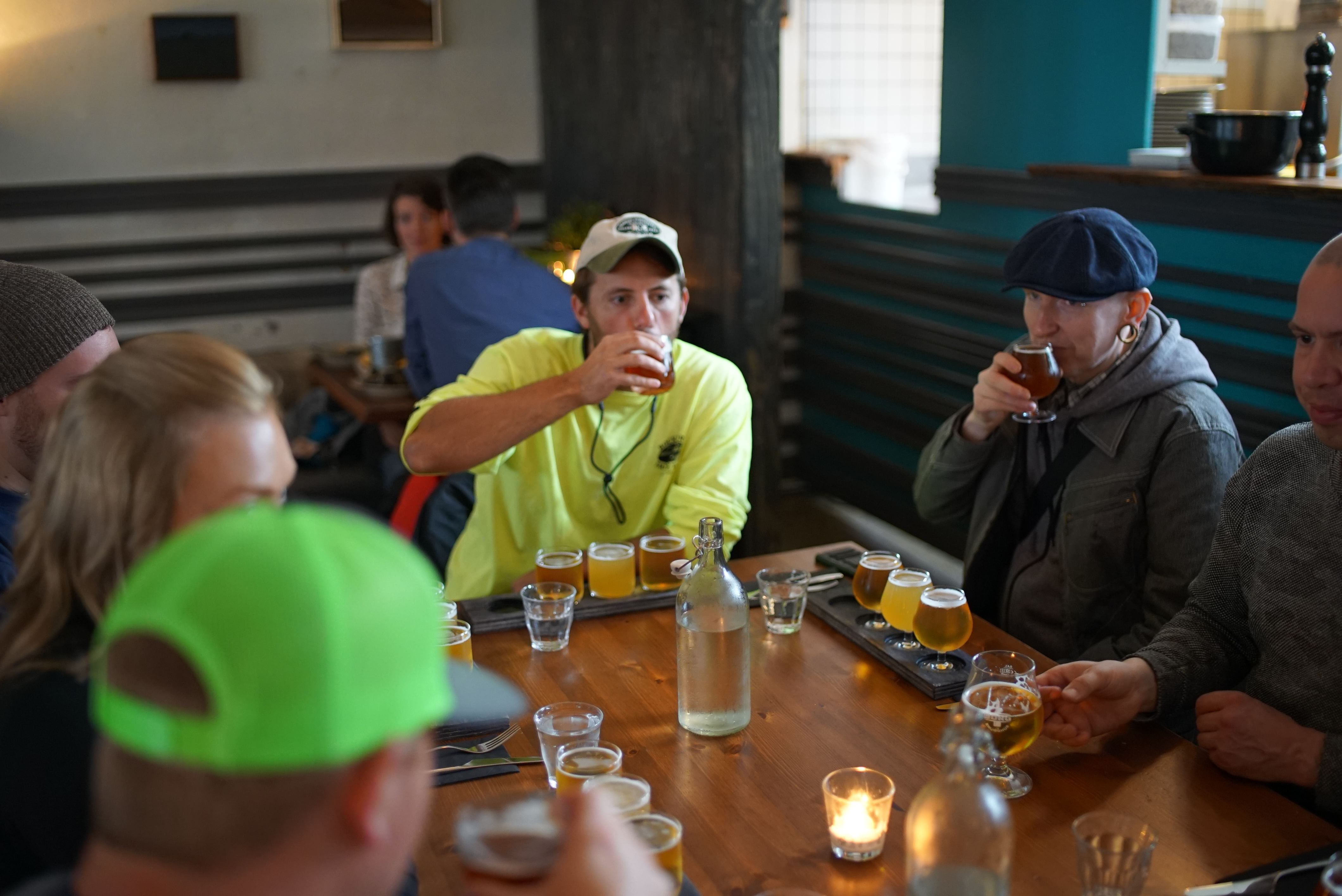 Travellers enjoying various Icelandic beers.