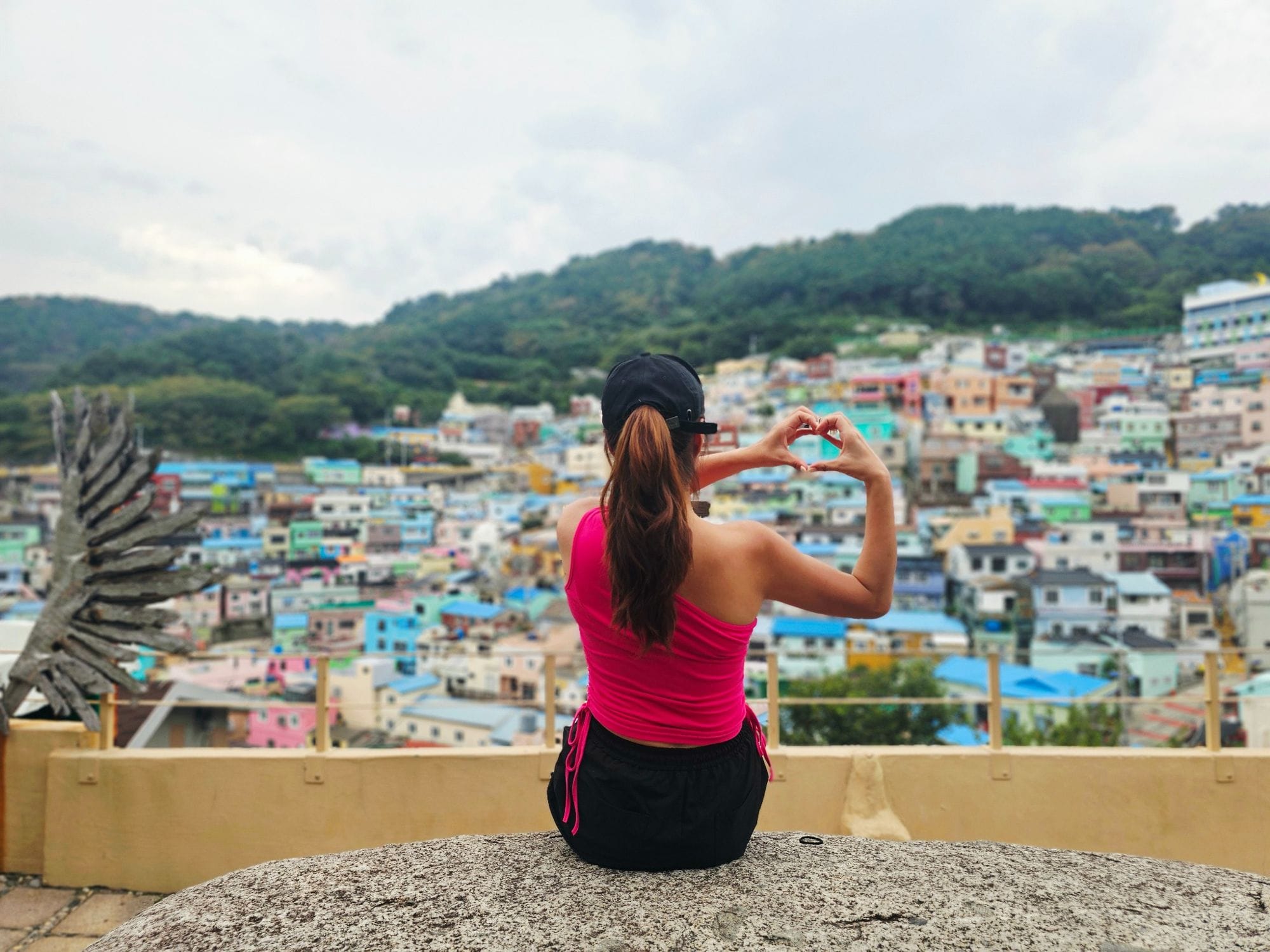 Panoramic hilltop view overlooking the colorful houses of Gamcheon Culture Village
