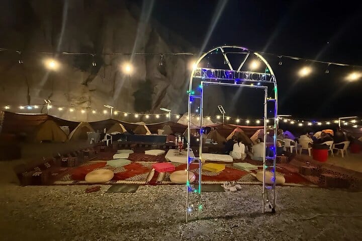 The magic begins after sunset! Settle in for your cozy Overnight stay and enjoy a fantastic BBQ Dinner at our illuminated Musandam Khasab beach camp.