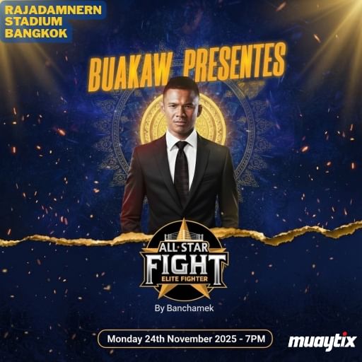 Buakaw presenting All Star Fight Elite Fighter event at Rajadamnern Stadium in Bangkok.