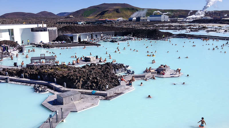 View of the beautiful blue waters of the Blue Lagoon, one of Iceland's most popular attractions