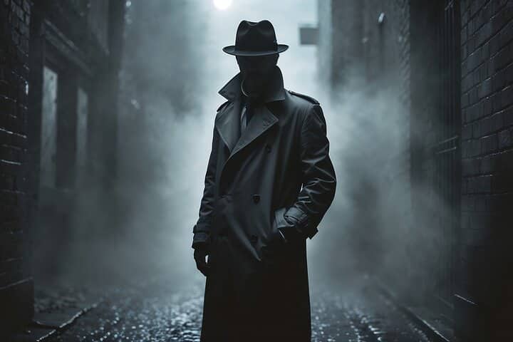Silhouetted figure in fedora and trench coat standing in misty NYC alley
