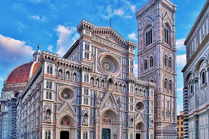 Close-up picture of the Santa Maria del Fiore Cathedral and Giotto's BellTower 