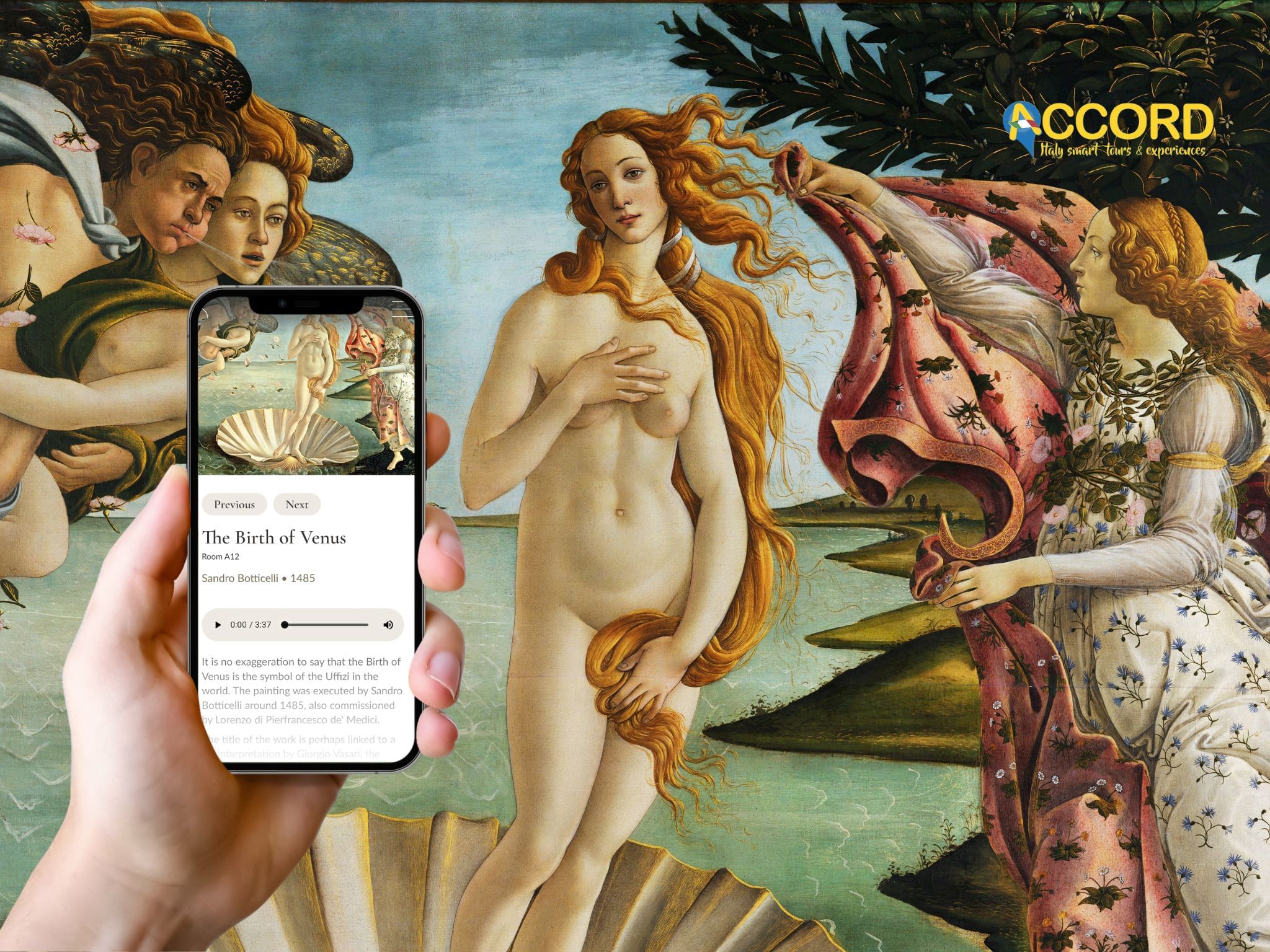 Digital Audioguide displayed on a smartphone with the Birth of Venus in the background