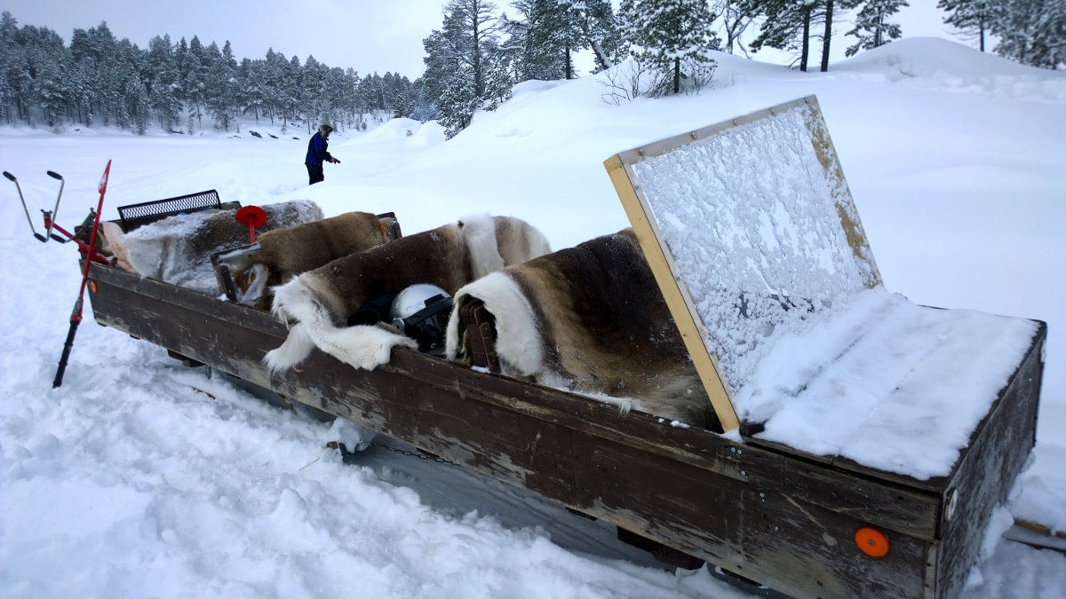 Sledge pulled by a snowmobile.