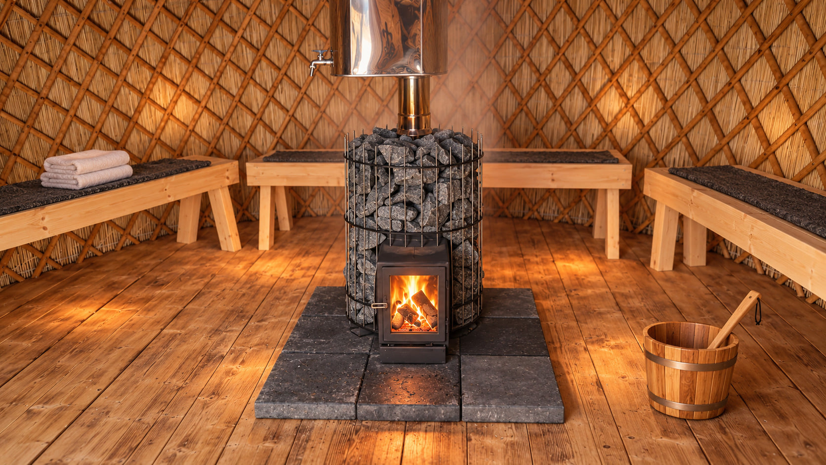 Interior of a handcrafted yurt sauna with a central wood-burning stone stove, stainless-steel hot-water tank and wooden benches.