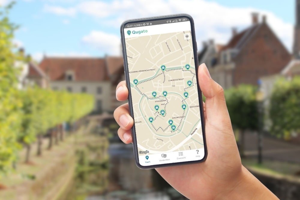 Phone showing the Qugato app interface of the Amersfoort City Detective game.