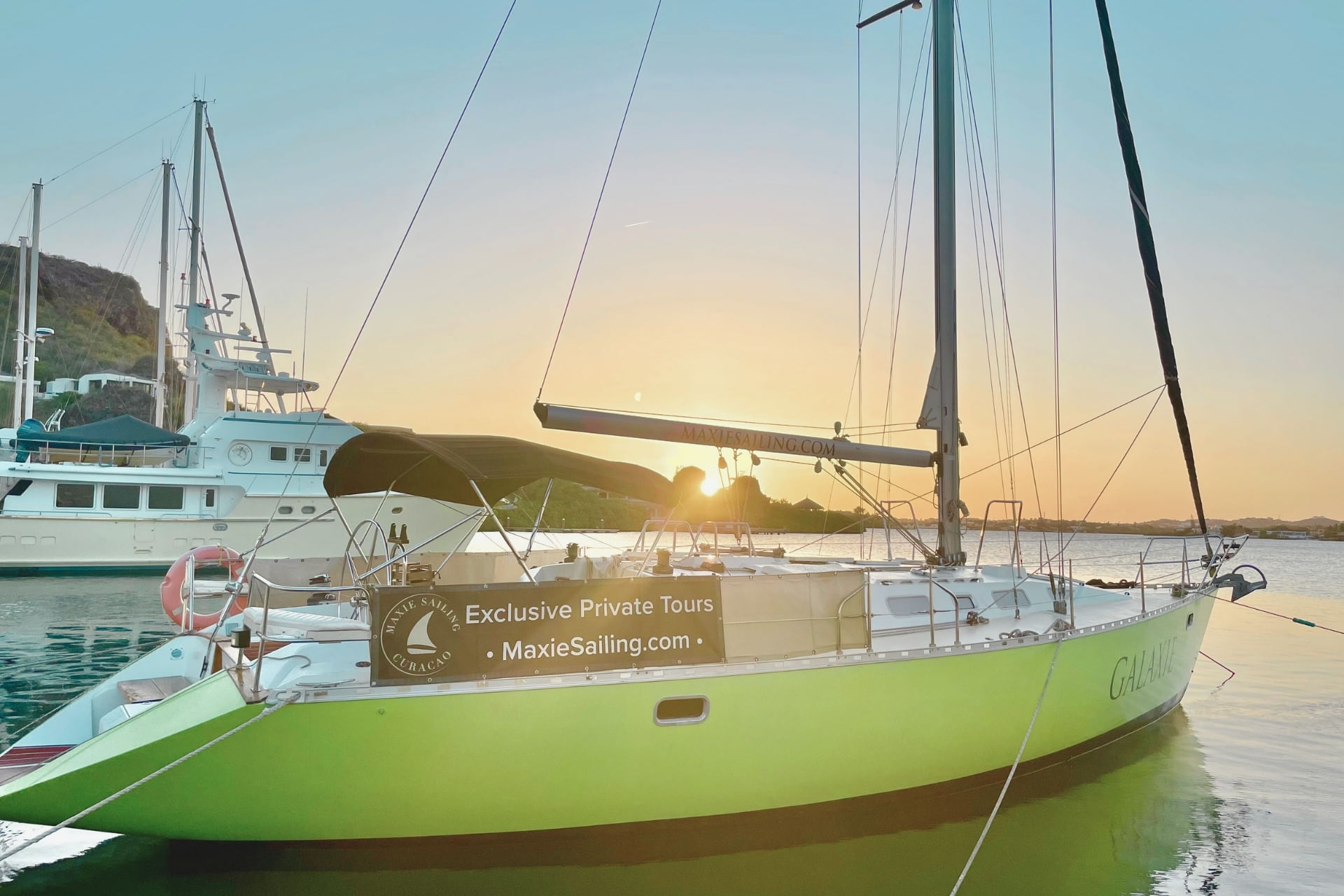 Sailing yacht Galaxie at Seru Boca Marina at sunset