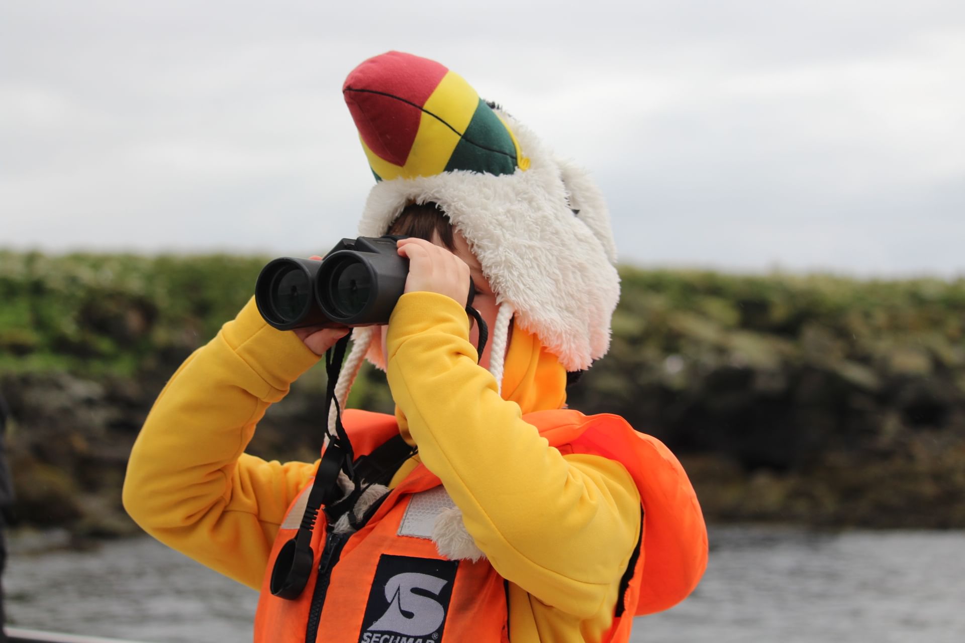 A child in a puffin hat and life vest watches puffins through binoculars.