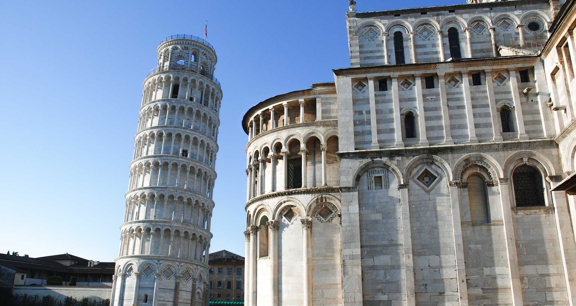 Close-up of the Cathedral and the Leaning Tower of Pisa on the left 