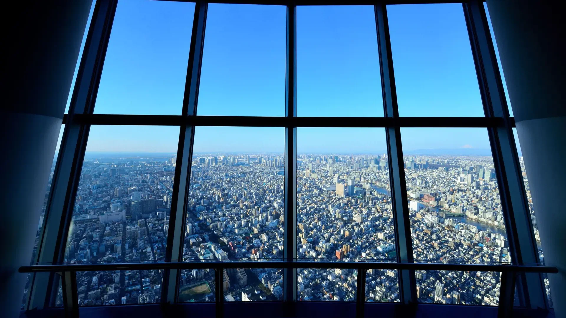 A wide city view spreads out below from behind a large window grid against a bright blue sky at COMBO: Tokyo Skytree + teamLab Planets TOKYO Tickets.