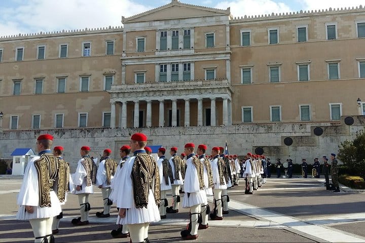 Greek guards or “Evzones” are members of the Presidential Guard found outside the Hellenic Parliament