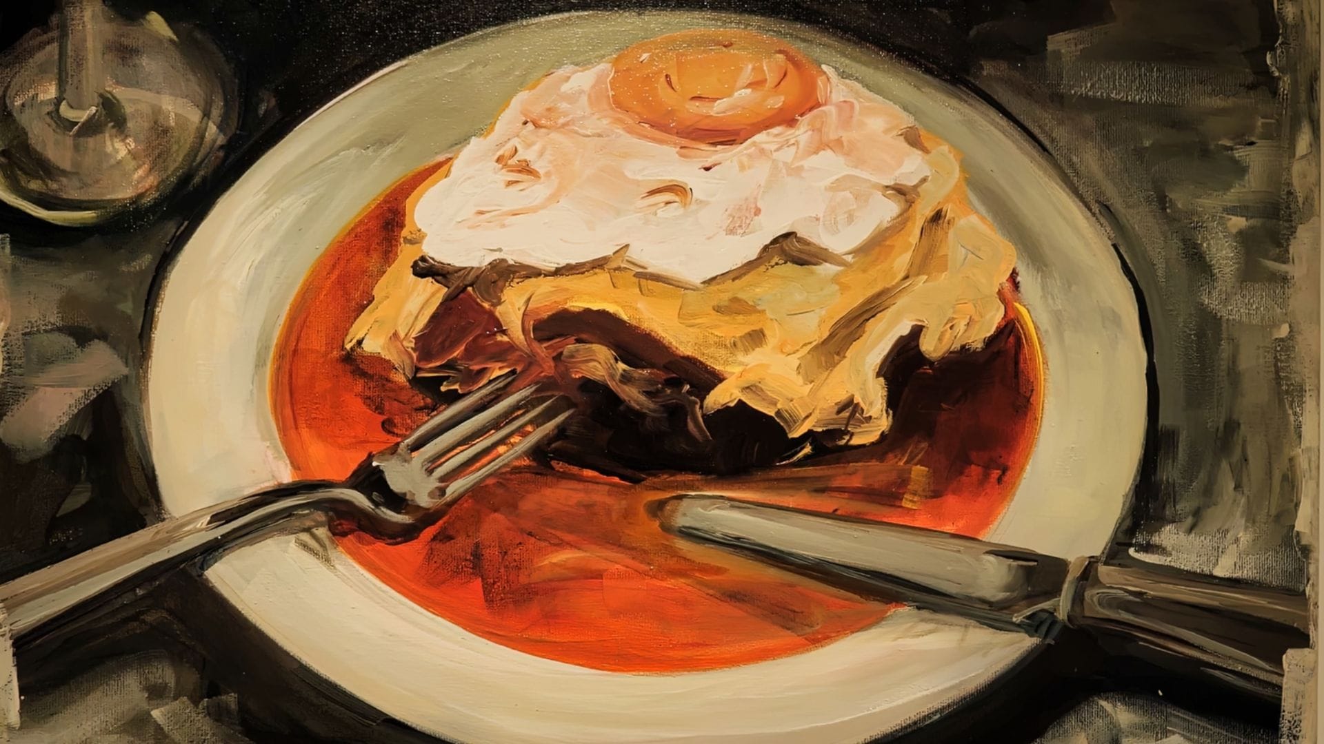 Artistic painting of the iconic Francesinha sandwich, symbol of Porto’s rich culinary tradition