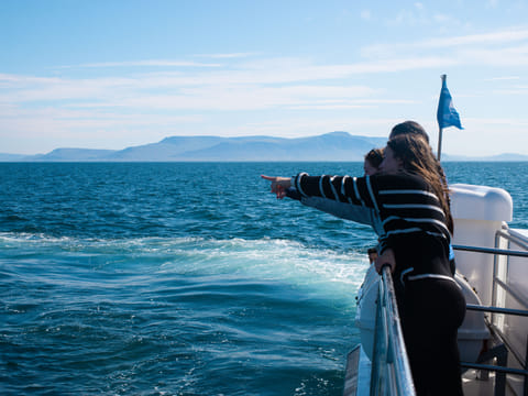 Traveler watching whales from a boat near Reykjavík Iceland