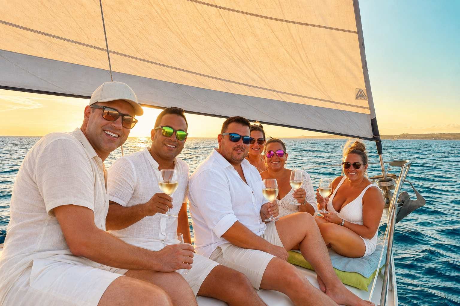 Friends enjoying relaxing in front of sailing yacht in Curacao with Maxie Sailing