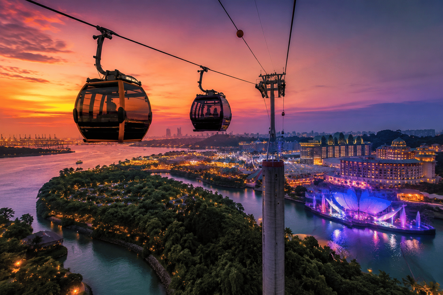 Sentosa cable car and evening waterfront