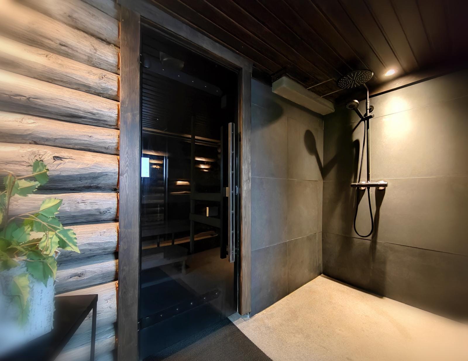 Wooden sauna and shower room in dimmed lighting.