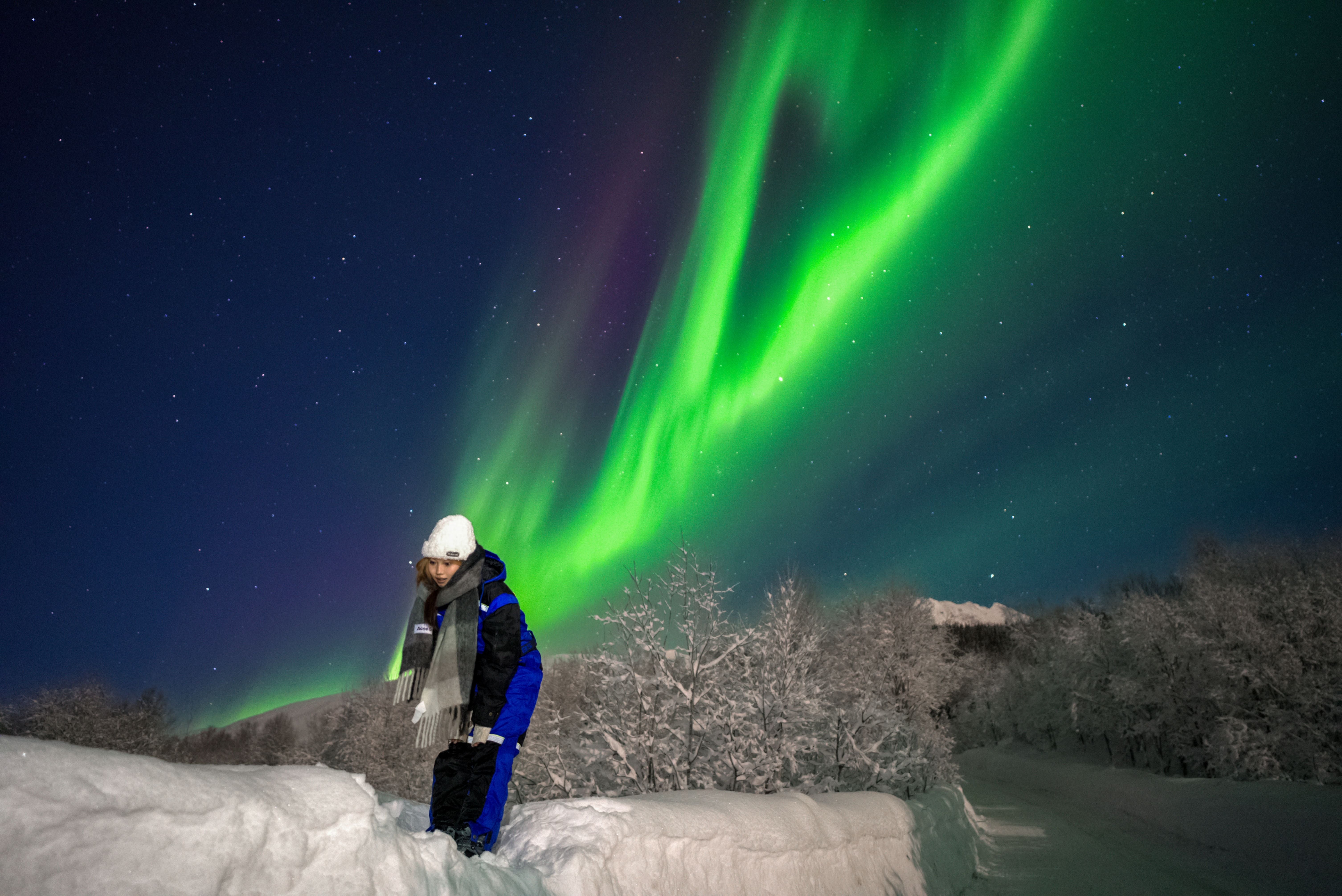 Traveler wearing a blue thermal suit standing on a snowbank under a vibrant green and purple Northern Lights display near a Tromsø fjord.