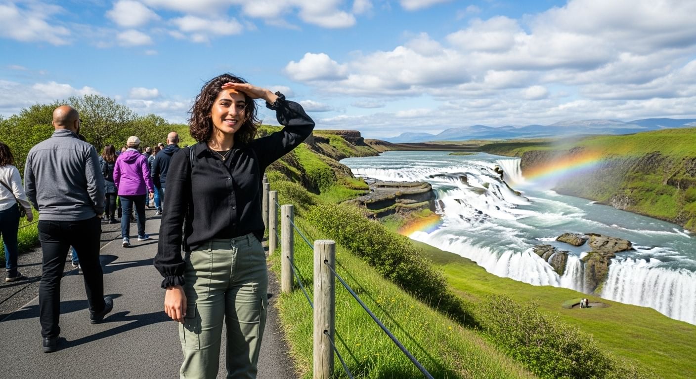 The magnificent Gullfoss waterfall in Iceland, showing a massive volume of water thundering down two tiers of a canyon.