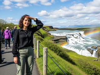 The magnificent Gullfoss waterfall in Iceland, showing a massive volume of water thundering down two tiers of a canyon.