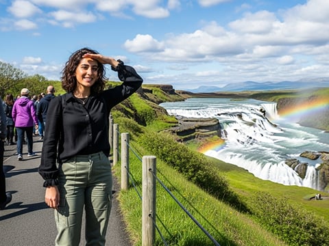 The magnificent Gullfoss waterfall in Iceland, showing a massive volume of water thundering down two tiers of a canyon.