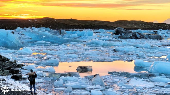 Glacier lagoon at sunset