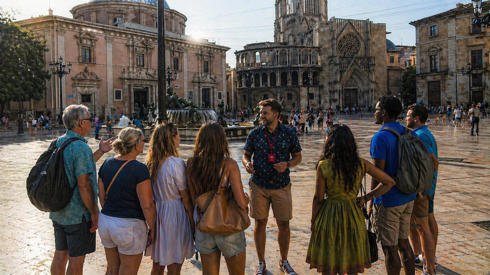Tour guide explaining Valencia Cathedral and Plaza de la Virgen to a group of tourists during a walking tour in Valencia, Spain