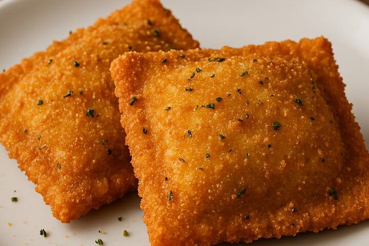 Two breaded toasted ravioli on a white plate, golden brown and dusted with herb seasoning