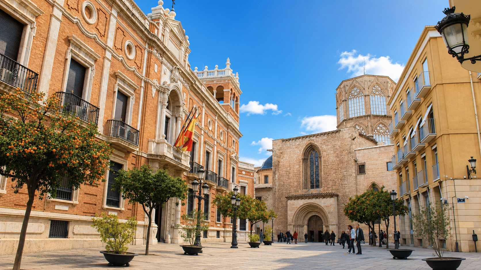 Historic square in Valencia featuring Gothic architecture, elegant civic buildings, and orange trees under a bright blue sky