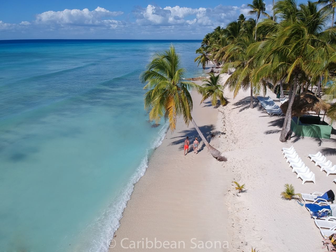 “Vista aérea de la orilla de Isla Saona, con palmeras tropicales, arena blanca y el océano de tono turquesa, realzando la belleza del paisaj