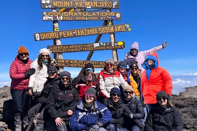 A large group of hikers in colorful winter jackets sitting and standing together at the Uhuru Peak summit sign.