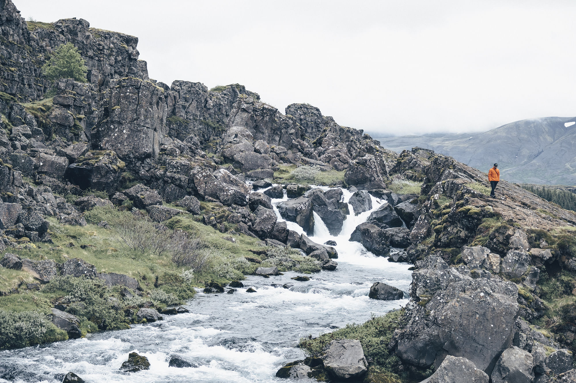 Öxará river running down into Almannagjá fissure at Þingvellir National Park Iceland