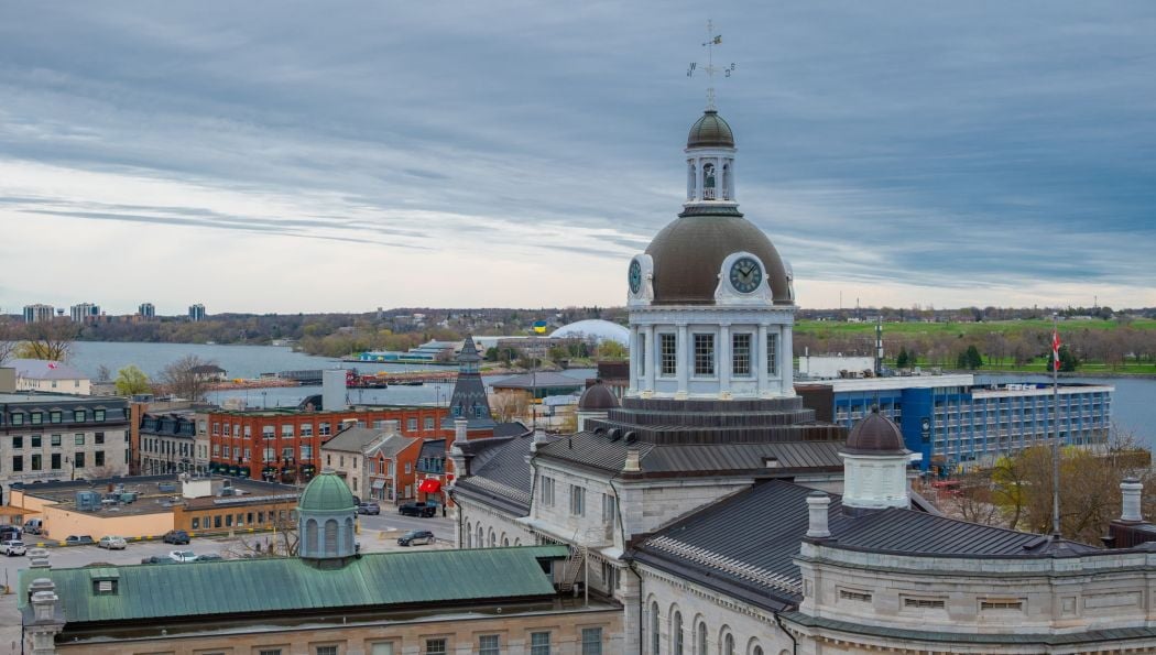 Kingston City Hall overlooking the historic downtown and waterfront in Kingston, Ontario.