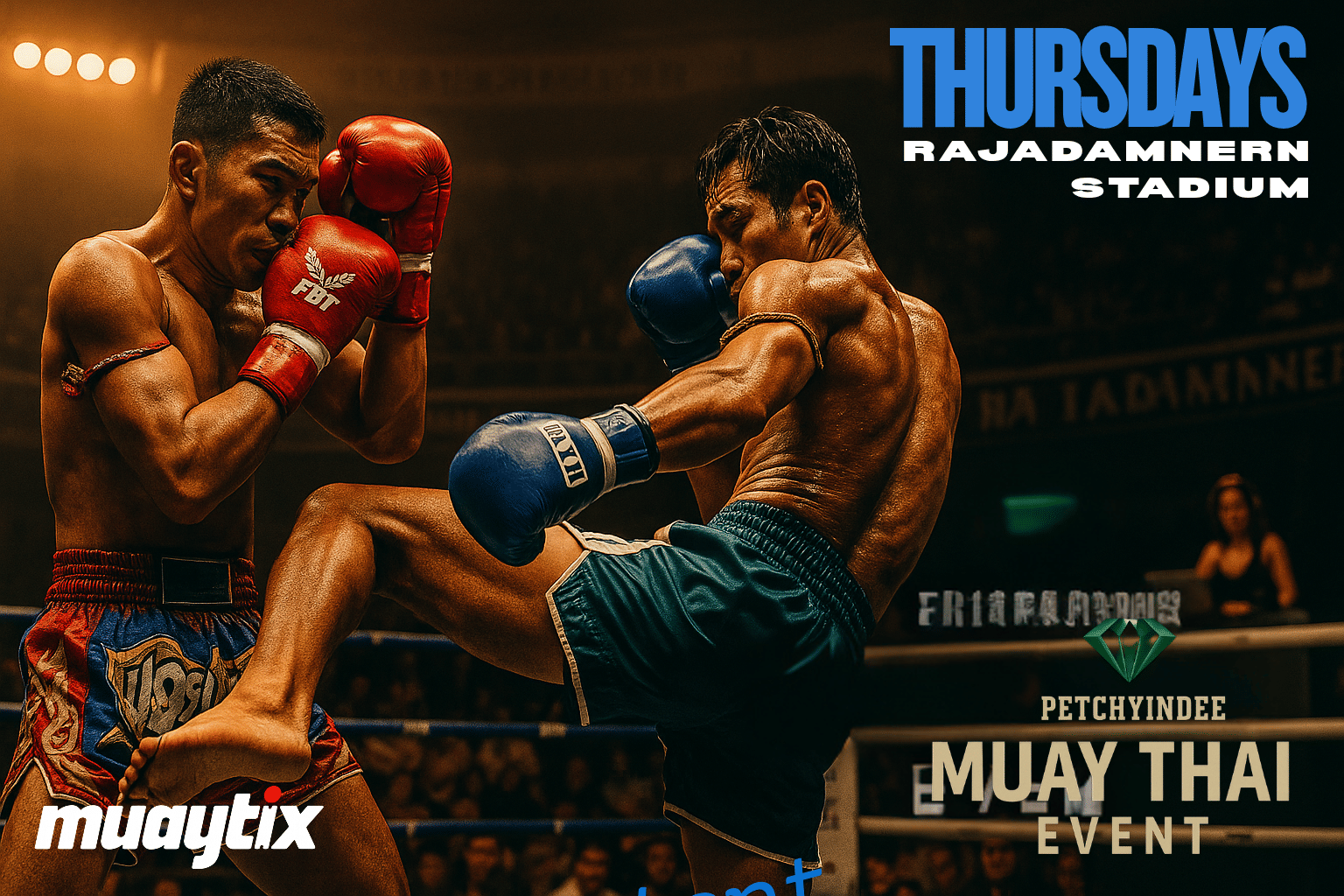 Muay Thai fighters in action during the Petchyindee Thursday event at Rajadamnern Stadium Bangkok, official tickets available with MuayTix