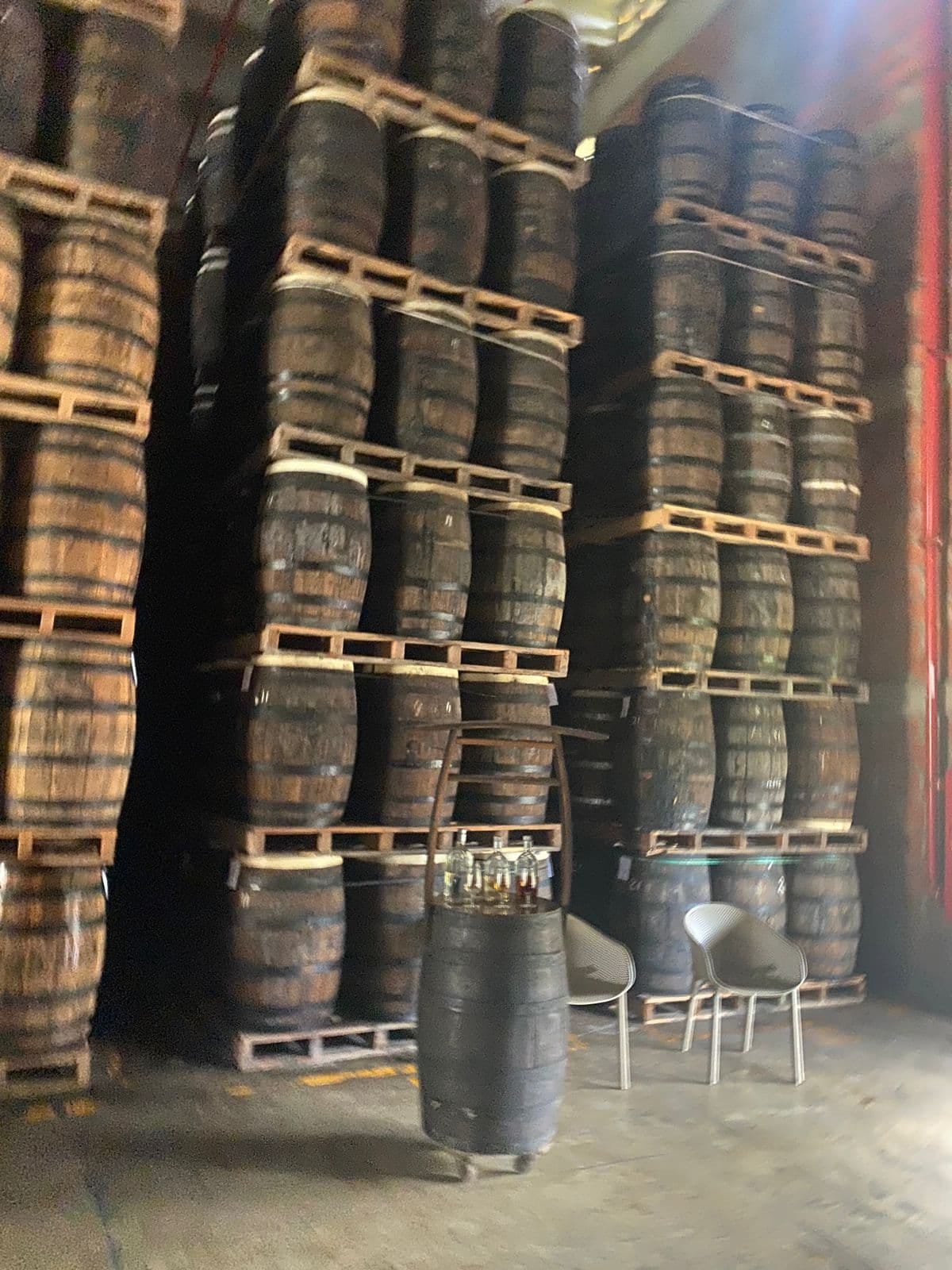 Barrels stacked in the rum aging area inside the Ron Barceló Historic Center.