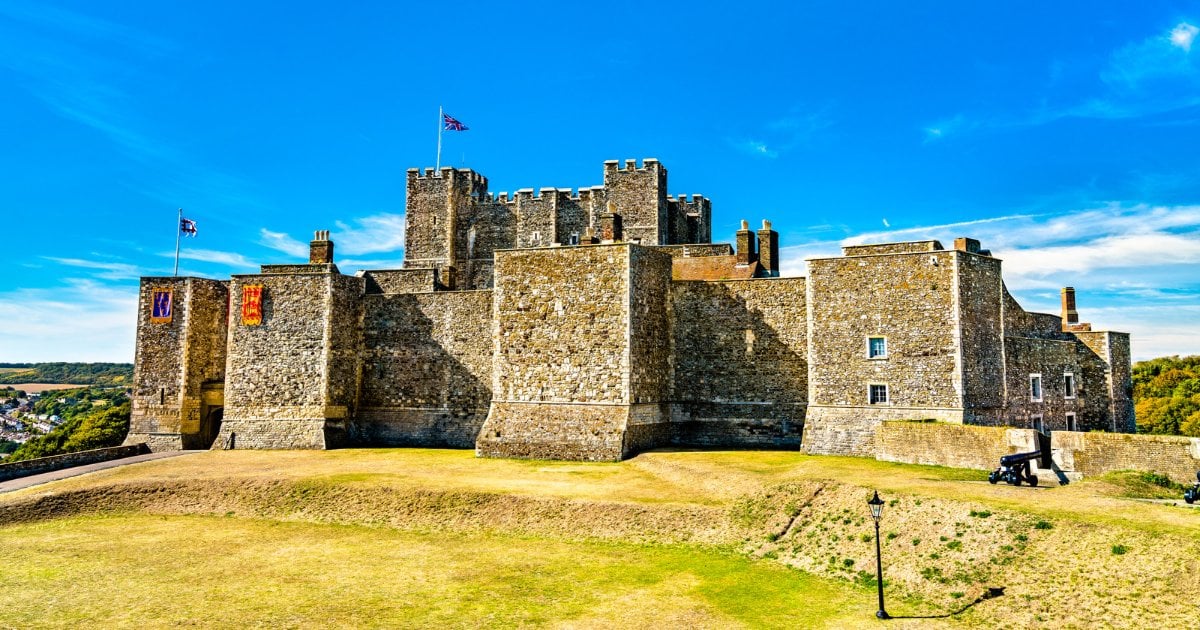 Dover Castle on its hill under a blue sky